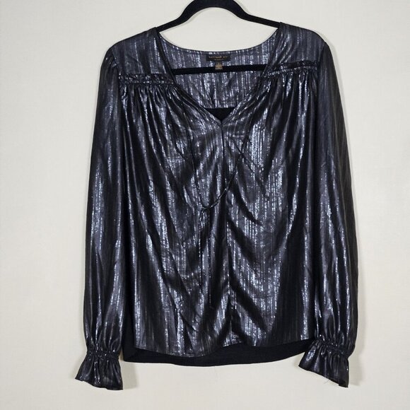 Current Air Top Womens L Black LS V-Neck Shimmery Seersucker Back Anthropology - Picture 1 of 16